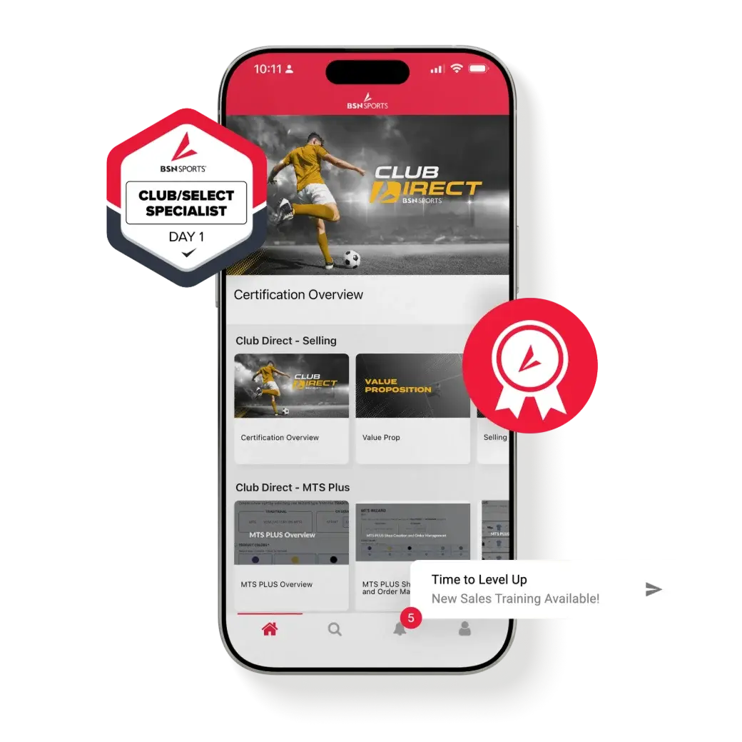 BSN Sports Club Select certification on a phone, with an earned badge and a new training notification