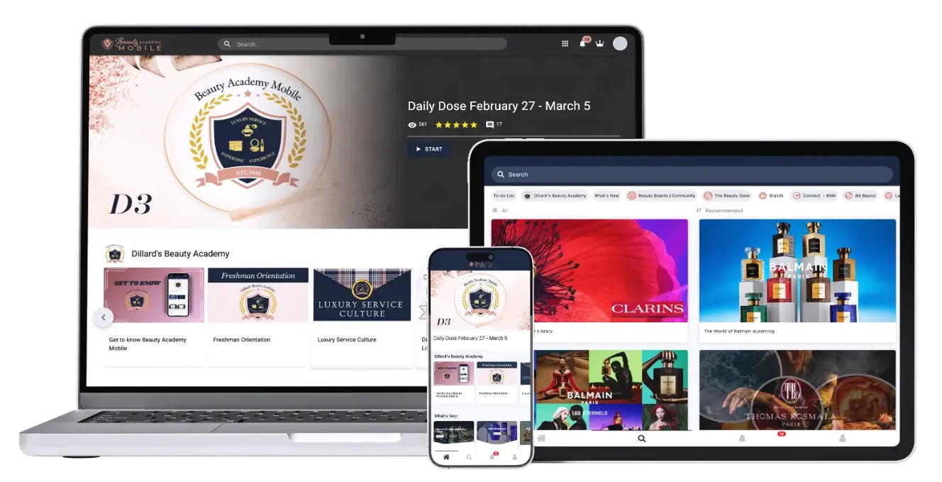 Dillard’s beauty training shown on a laptop, tablet and phone