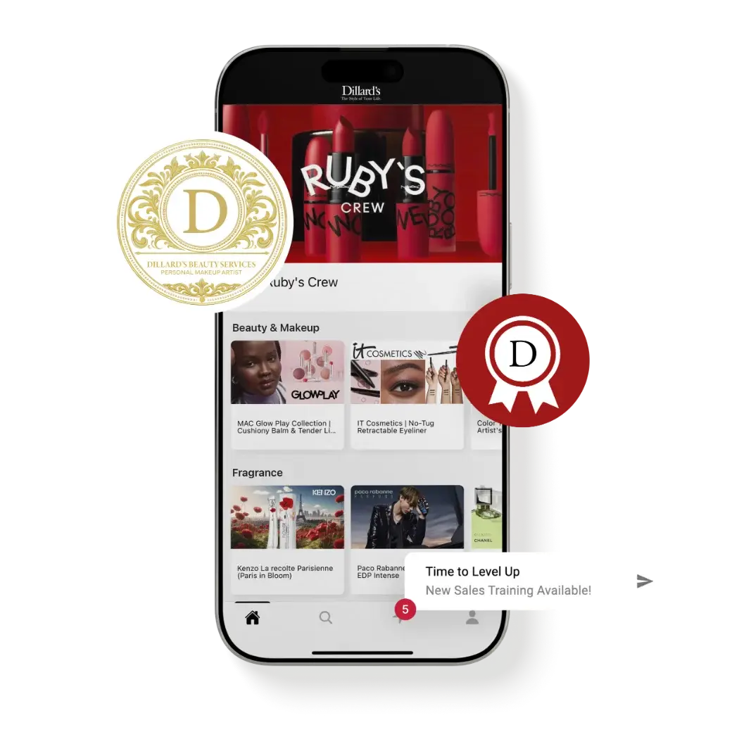 Dillard’s beauty training on a phone, with an earned badge and a new training notification