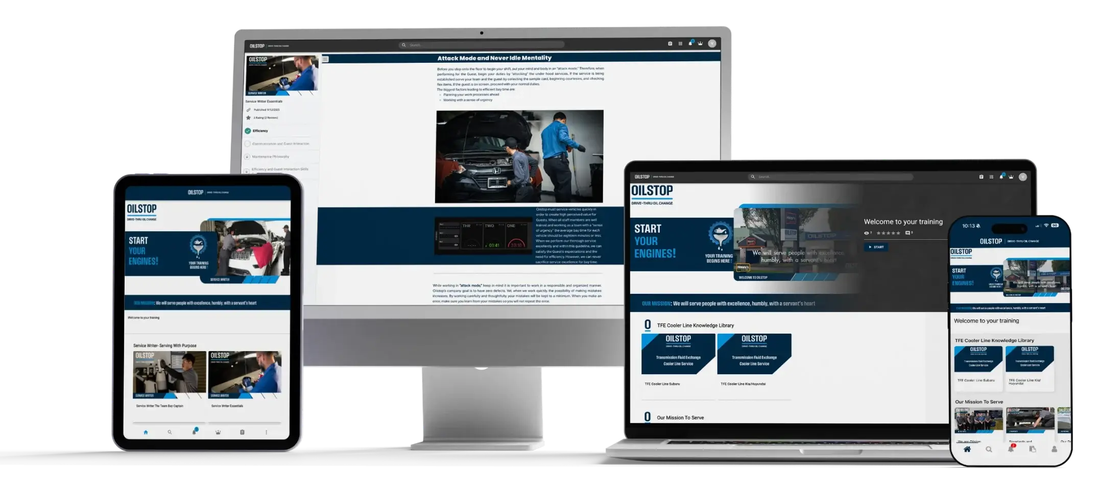 Oilstop training on Learner Mobile across desktop, laptop, tablet, and phone