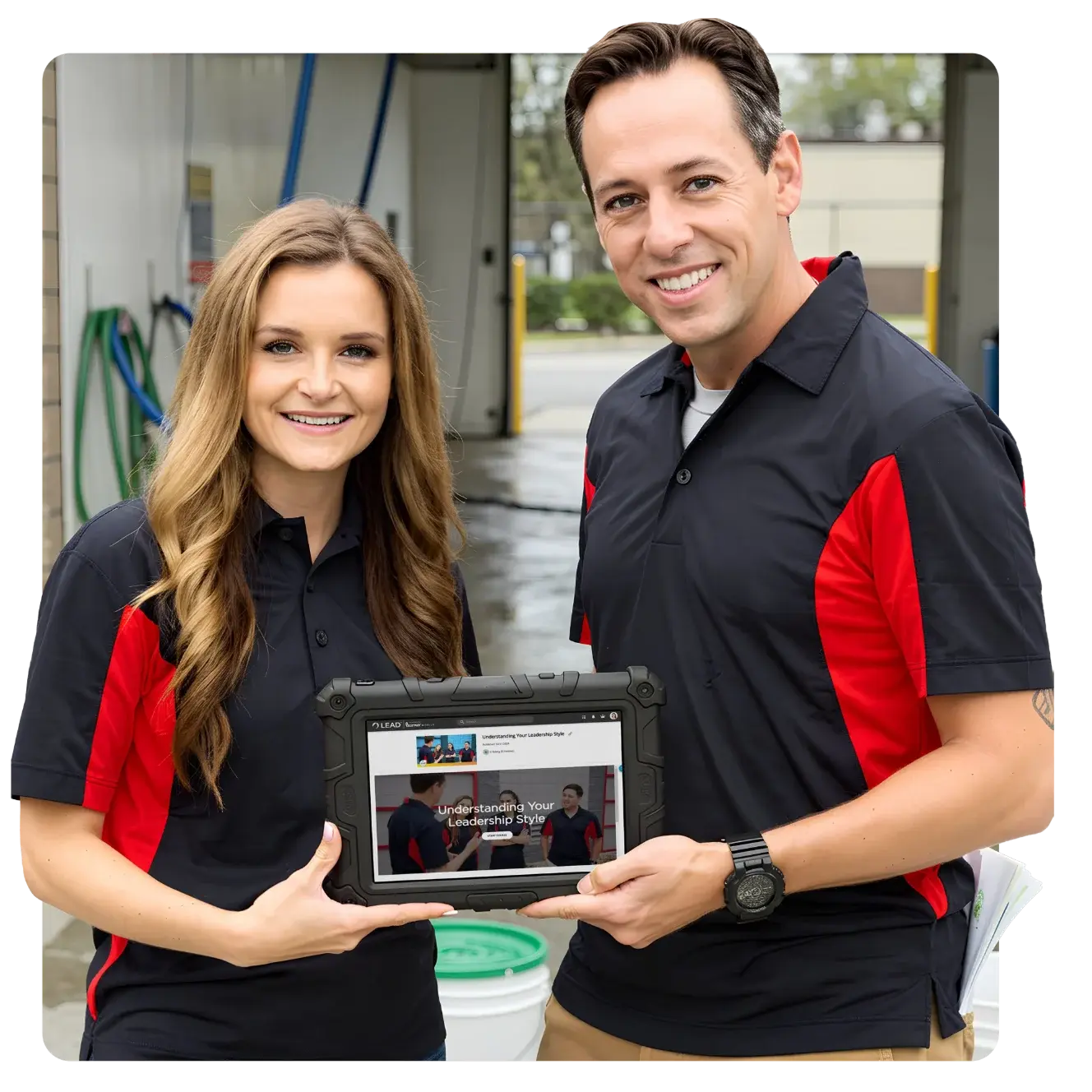 Two car wash employees holding a tablet with LEAD training open